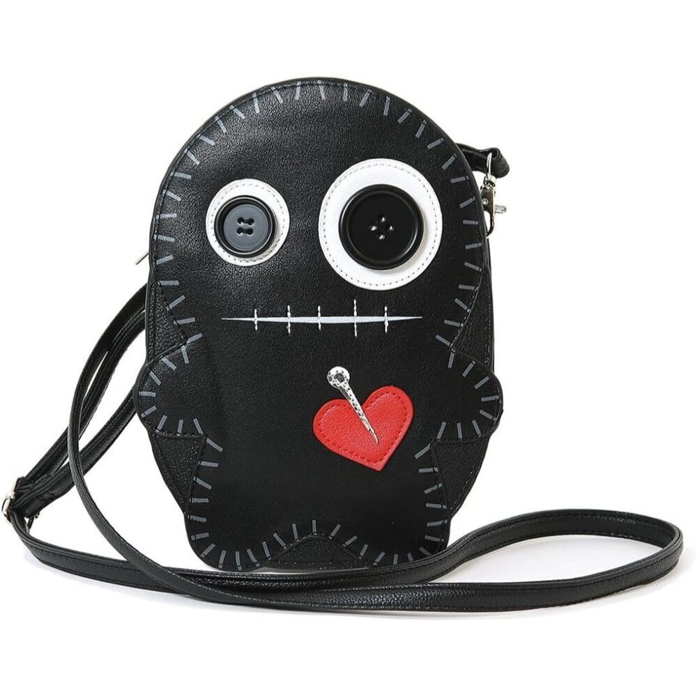 Stitched Voodoo Doll Shoulder Crossbody Bag Vinyl Women Black Zipper